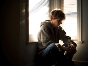 a teen dealing with developmental trauma sits sadly near a window